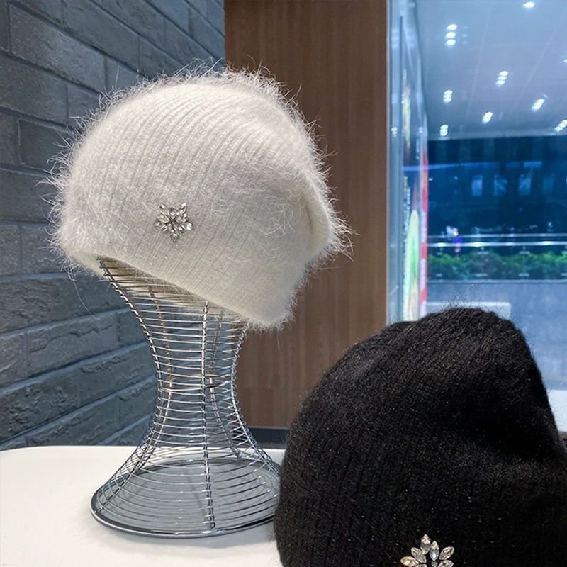 Fashion Light Gray Rhinestone Flower Knitted Beanie,Knitting Wool Hats