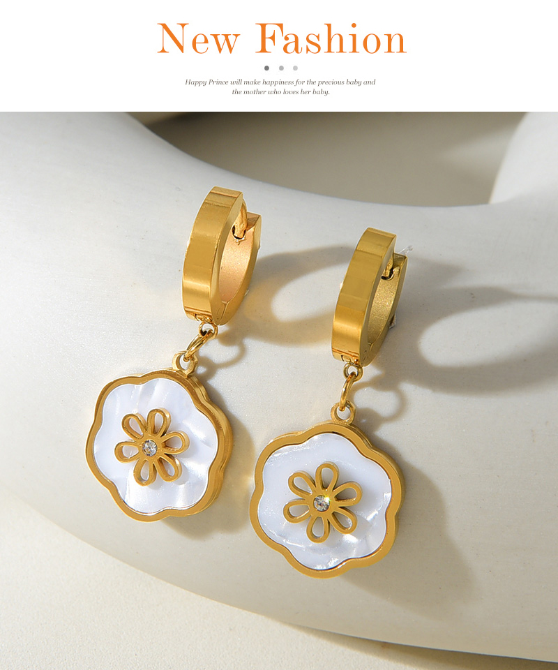 Fashion Gold Titanium Steel Inlaid Zirconium Shell Flower Earrings,Earrings
