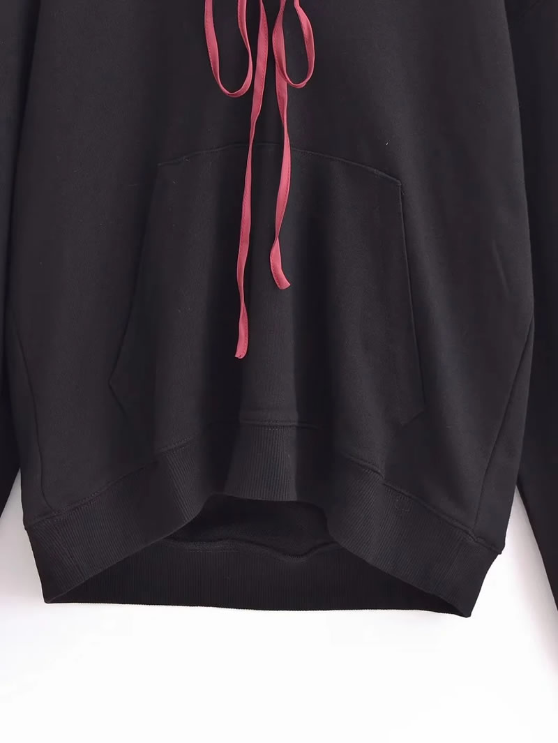 Fashion Black Polyester Embroidered Lace-up Patchwork Sweatshirt,Sweatshirts