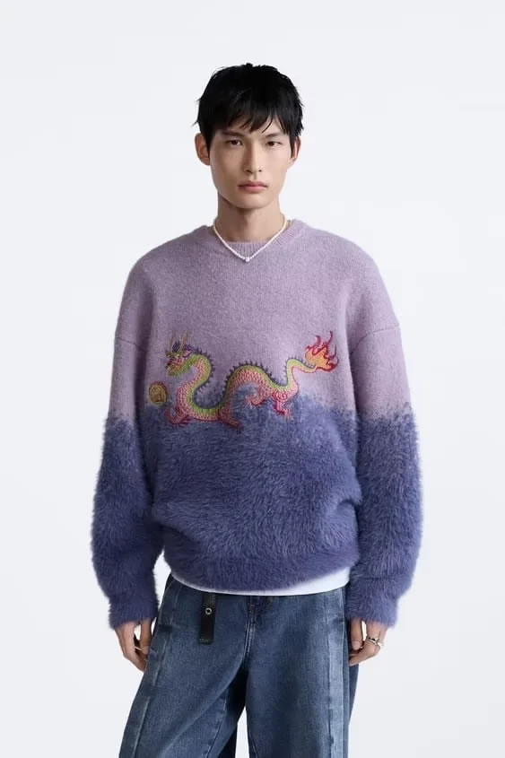 Fashion Purple Knitted Embroidered Crew Neck Sweater,Sweater