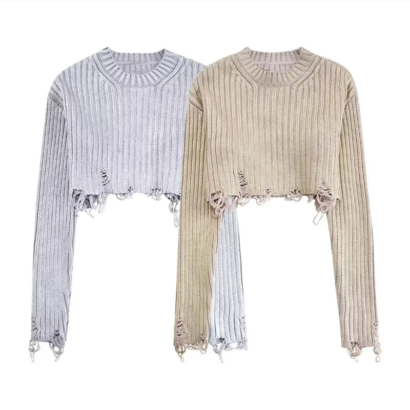Fashion Silver Metallic Knit Ripped Sweater,Sweater