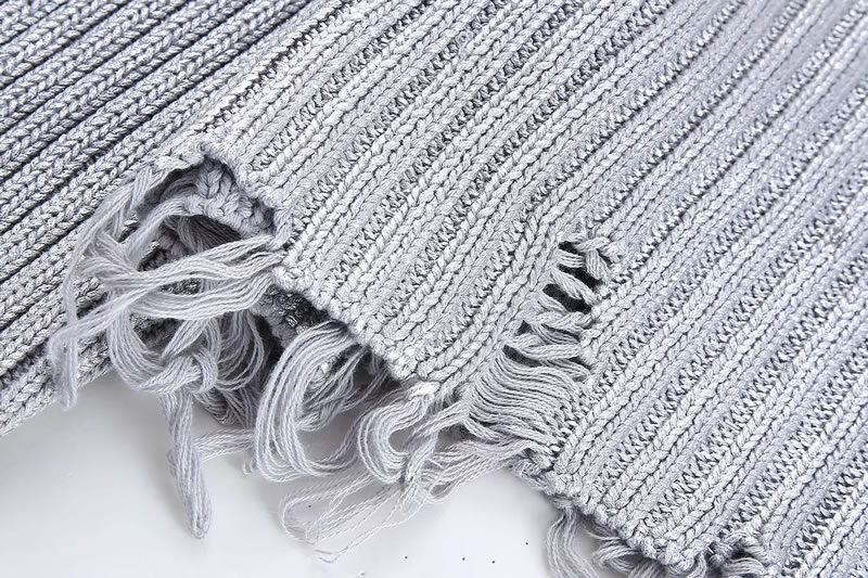 Fashion Silver Metallic Knit Ripped Sweater,Sweater