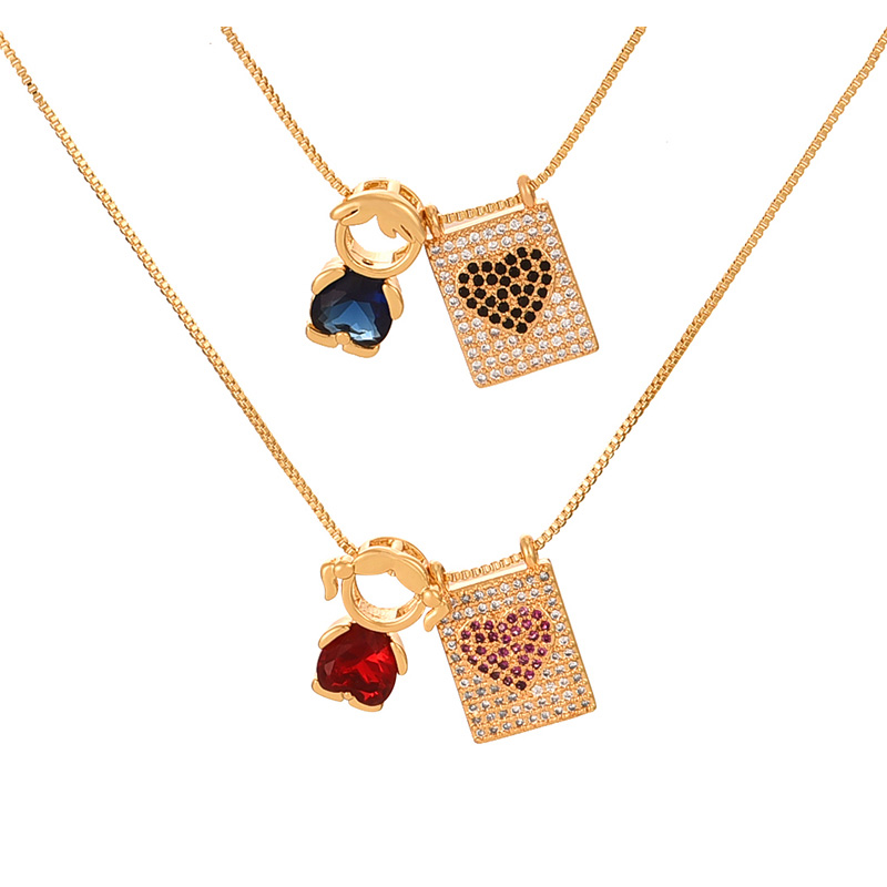 Fashion Red Copper Inlaid Zircon Girls Square Love Pendant Necklace,Necklaces