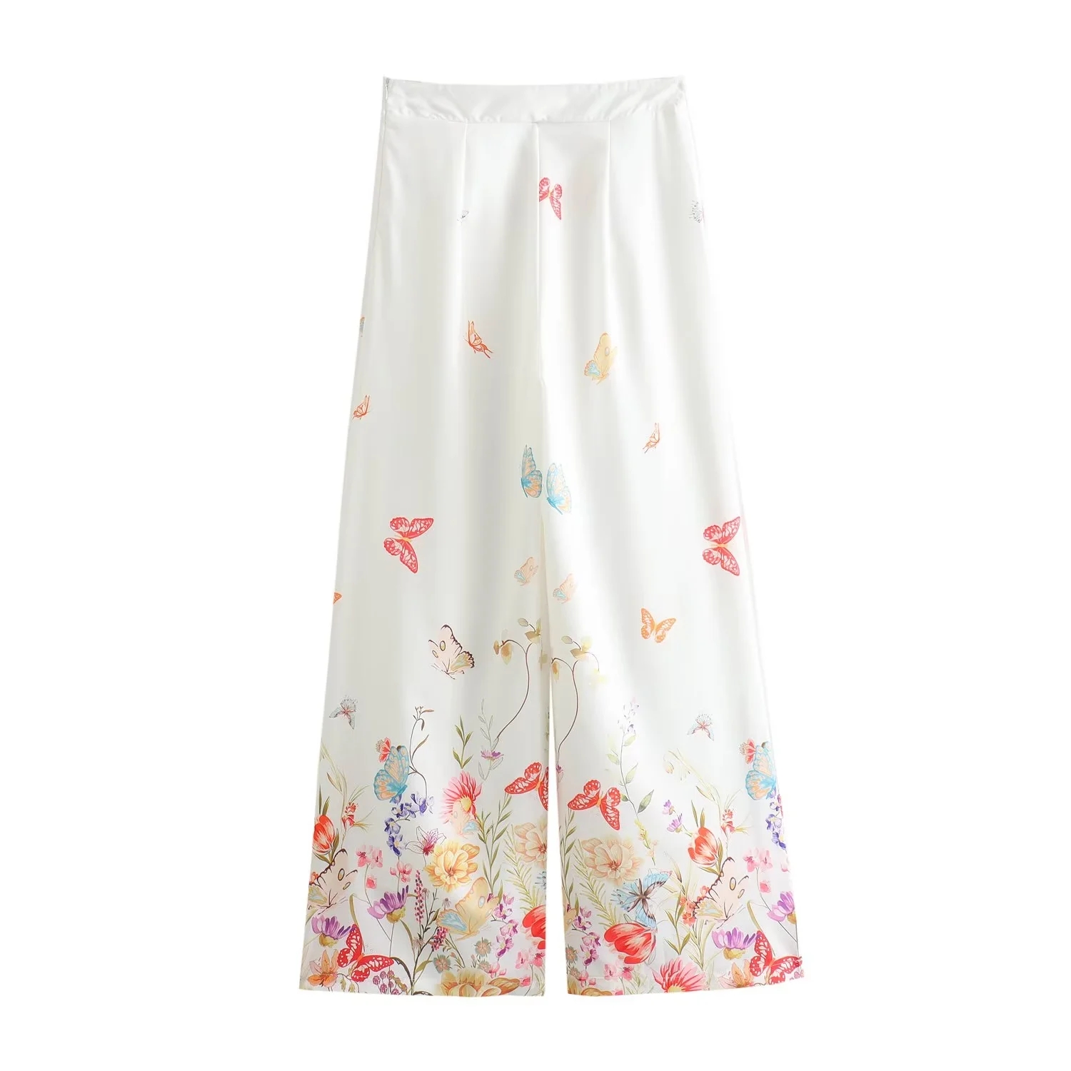 Fashion White Polyester Butterfly Print Wide Leg Trousers,Pants
