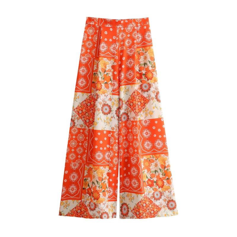 Fashion Color Matching Polyester Printed Wide Leg Trousers,Pants