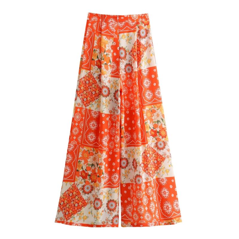 Fashion Color Matching Polyester Printed Wide Leg Trousers,Pants