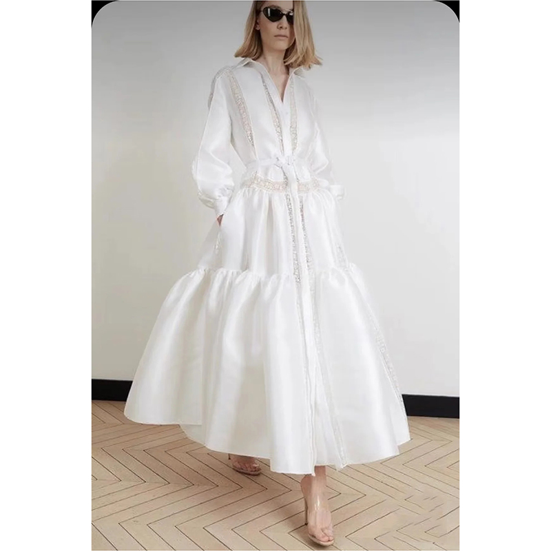 Fashion White Polyester Lapel Tie Long Skirt,Long Dress