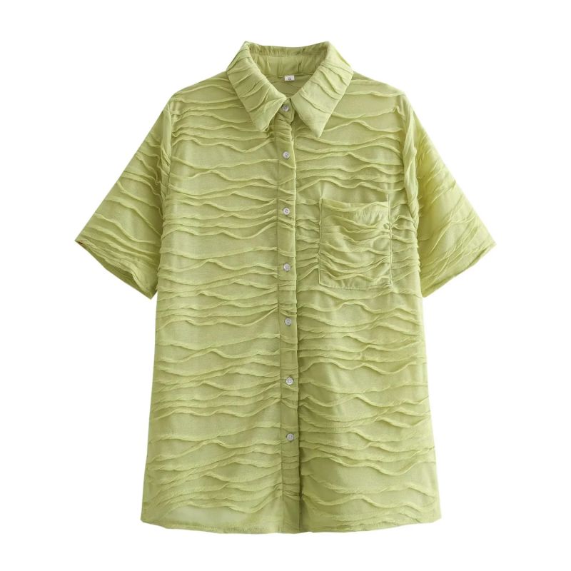 Fashion Green Polyester Textured Lapel Shirt,Blouses