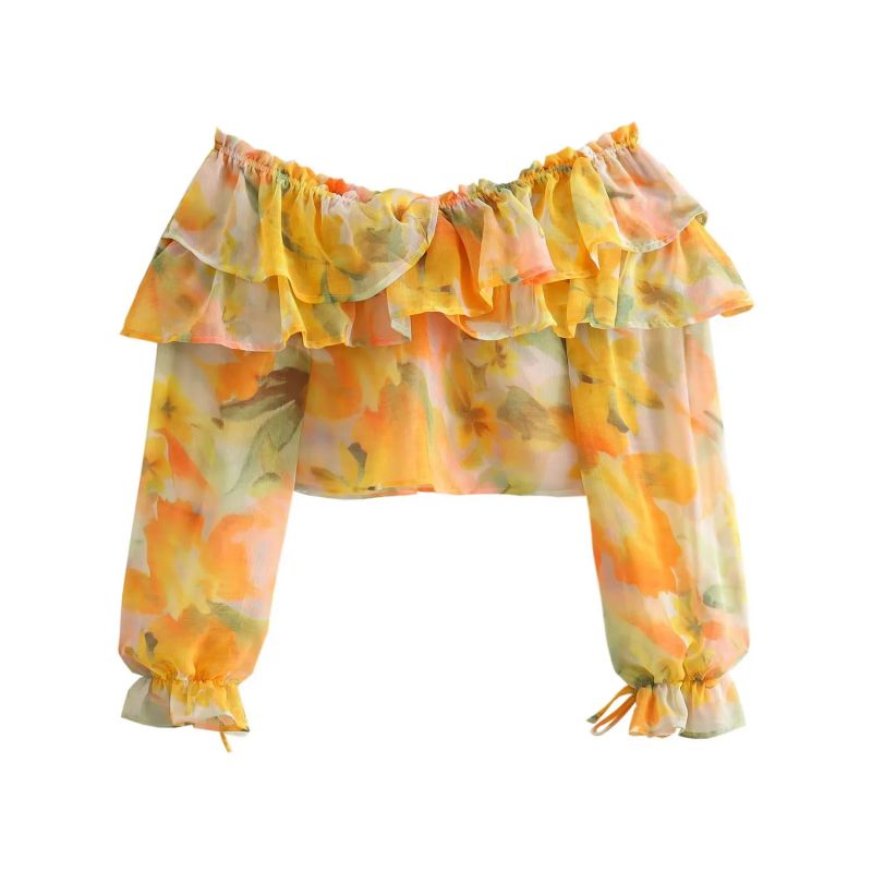 Fashion Color Matching Polyester Tie-dye Ruffled One-shoulder Top,T-shirts
