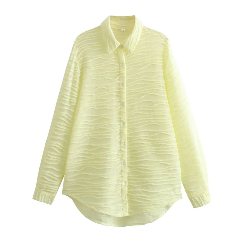 Fashion Light Green Lapel Textured Button-down Shirt,Blouses