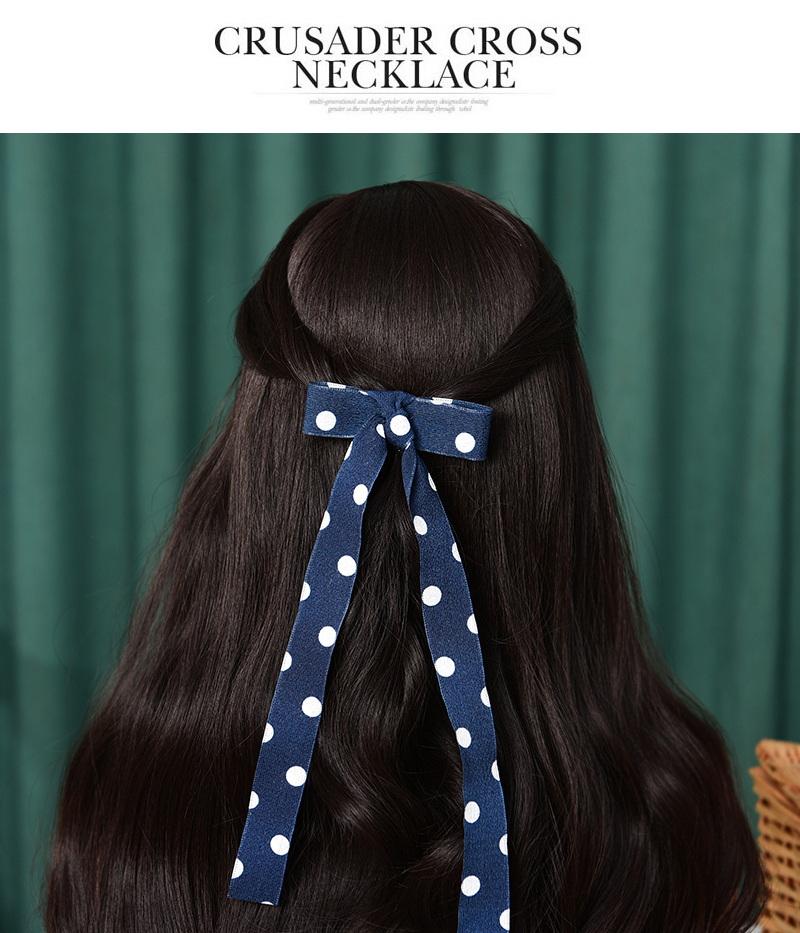 Fashion Navy Blue Alloy Fabric Printed Bow Long Hair Clip,Hairpins