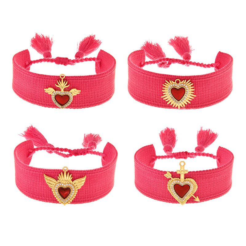 Fashion Rose Red 5 Copper Inlaid Zircon Irregular Love Fabric Braided Tassel Bracelet,Bracelets
