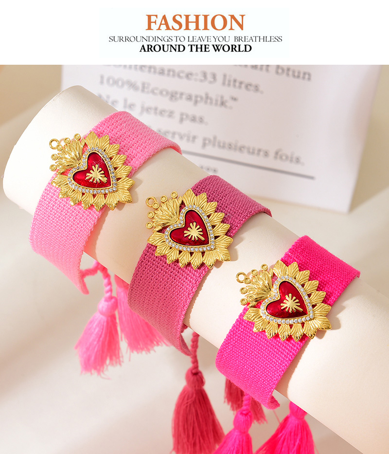 Fashion Leather Pink Copper Inlaid Zircon Irregular Oil Dripping Love Braided Tassel Bracelet,Bracelets