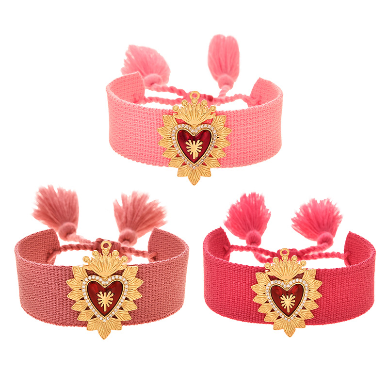 Fashion Leather Pink Copper Inlaid Zircon Irregular Oil Dripping Love Braided Tassel Bracelet,Bracelets