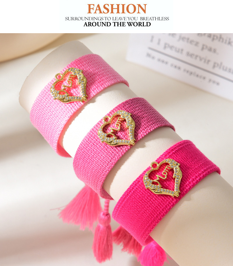 Fashion Leather Pink Copper Inlaid Zircon Letter Mom Love Braided Tassel Bracelet,Bracelets