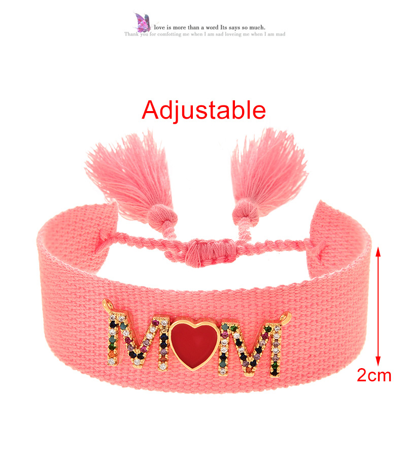 Fashion Leather Pink Copper Inlaid Zircon Letter Mom Dripping Oil Love Braided Tassel Bracelet,Bracelets