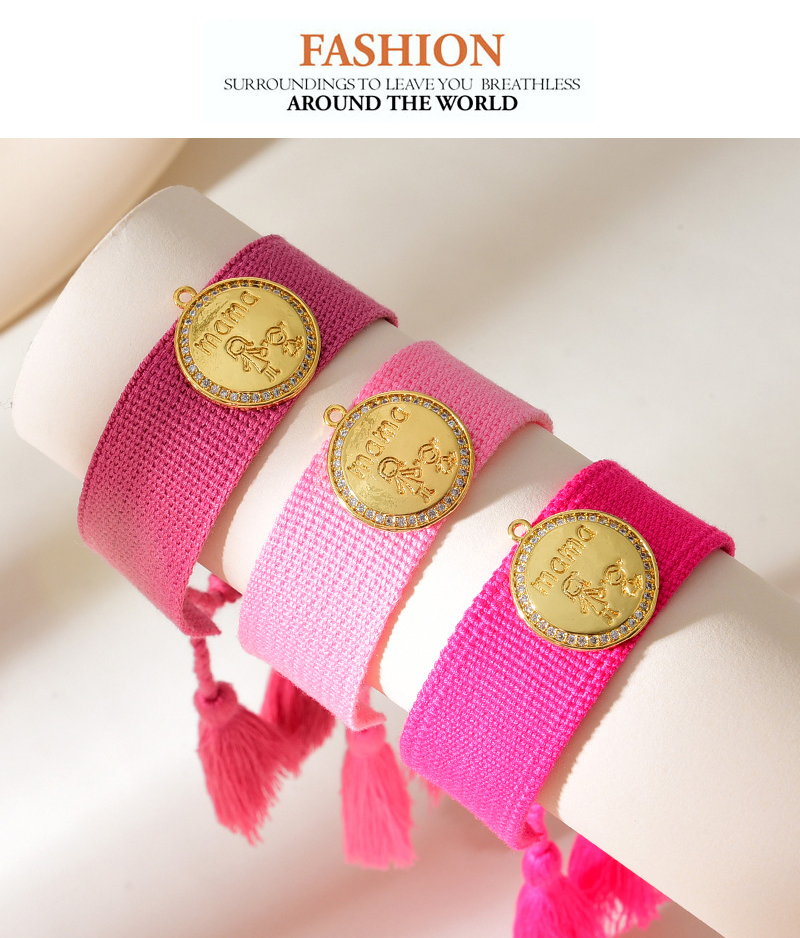 Fashion Leather Pink Copper Inlaid Zircon Round Cartoon Letters Mama Braided Tassel Bracelet,Bracelets