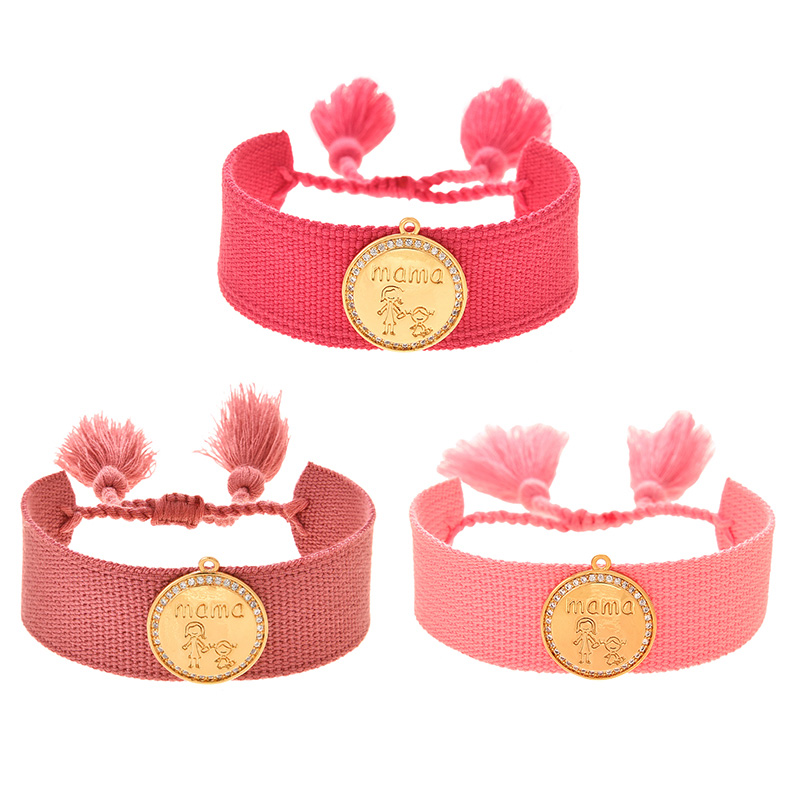 Fashion Leather Pink Copper Inlaid Zircon Round Cartoon Letters Mama Braided Tassel Bracelet,Bracelets