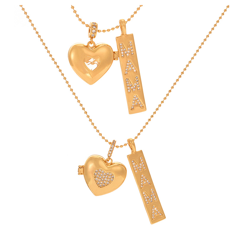 Fashion Golden 2 Copper Inlaid Zircon Heart Letter Mama Square Pendant Bead Necklace,Necklaces