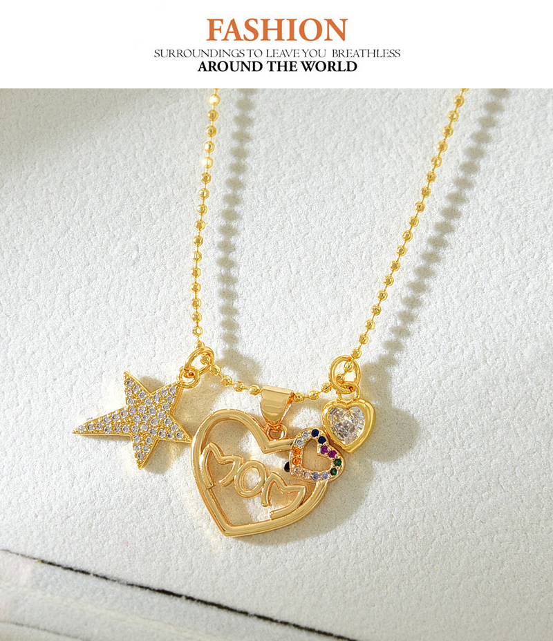 Fashion Gold Copper Inlaid Zircon Heart Letter Mom Five-pointed Star Pendant Bead Necklace,Necklaces