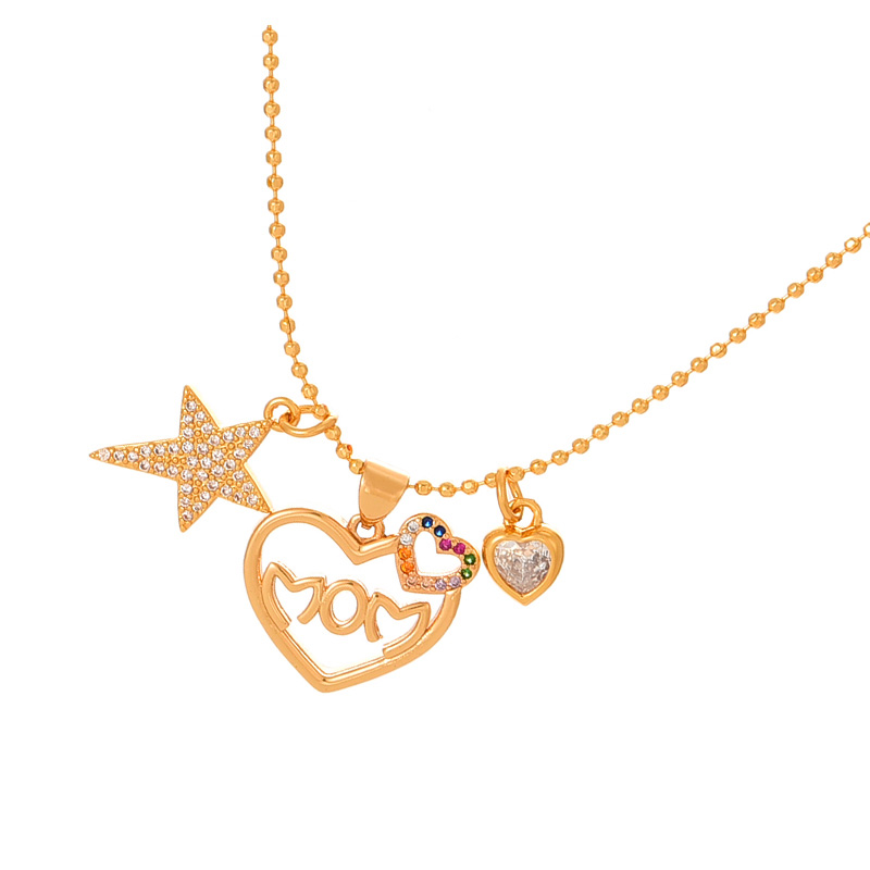 Fashion Gold Copper Inlaid Zircon Heart Letter Mom Five-pointed Star Pendant Bead Necklace,Necklaces