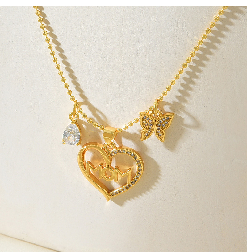 Fashion Gold Copper Inlaid Zircon Heart Letter Mom Butterfly Pendant Bead Necklace,Necklaces
