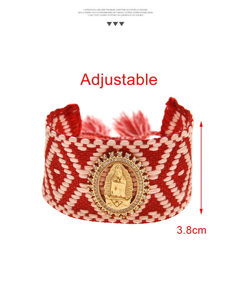 Fashion Red Copper Inlaid Zirconia Portrait Geometric Pattern Braided Tassel Bracelet,Bracelets