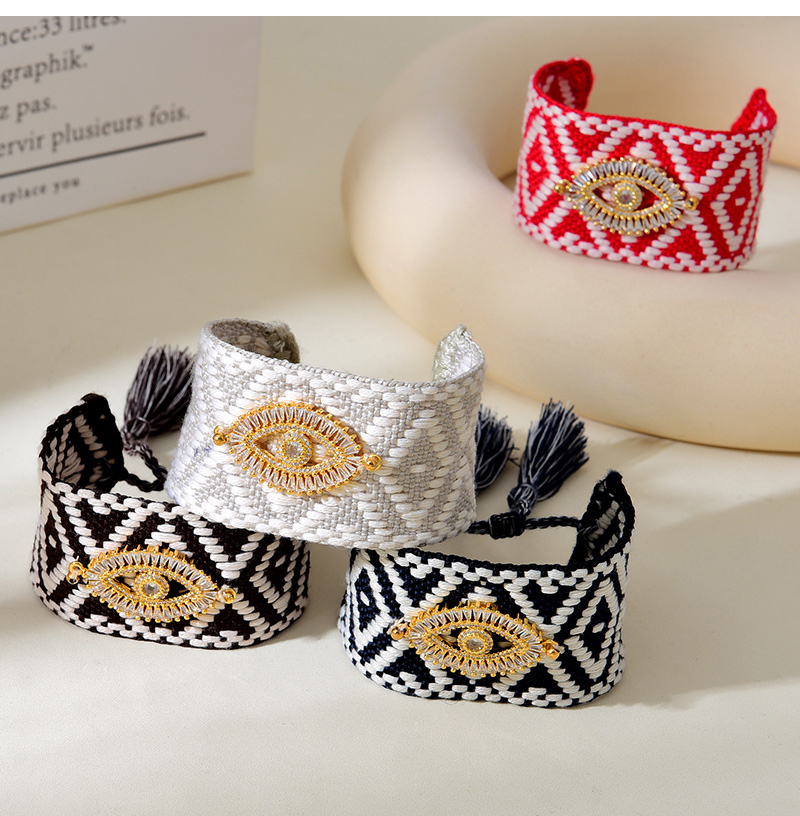 Fashion Light Grey Braided Tassel Bracelet With Copper Inlaid Zirconia Eyes Geometric Pattern,Bracelets