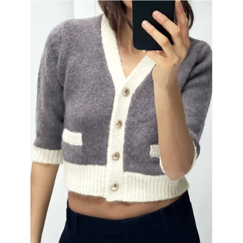 Fashion Grey Polyester Colorblock Knitted Buttoned Cardigan Sweater,Sweater