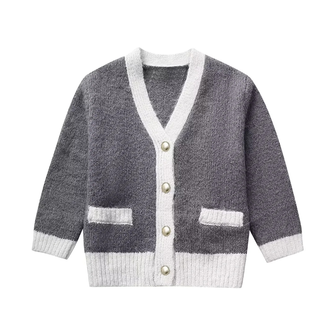Fashion Grey Polyester Colorblock Knitted Buttoned Cardigan Sweater,Sweater