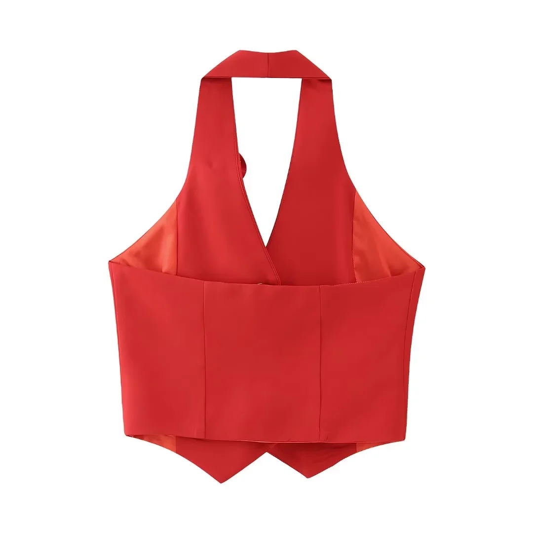 Fashion Red Polyester Floral Breasted Halterneck Vest,Coat-Jacket