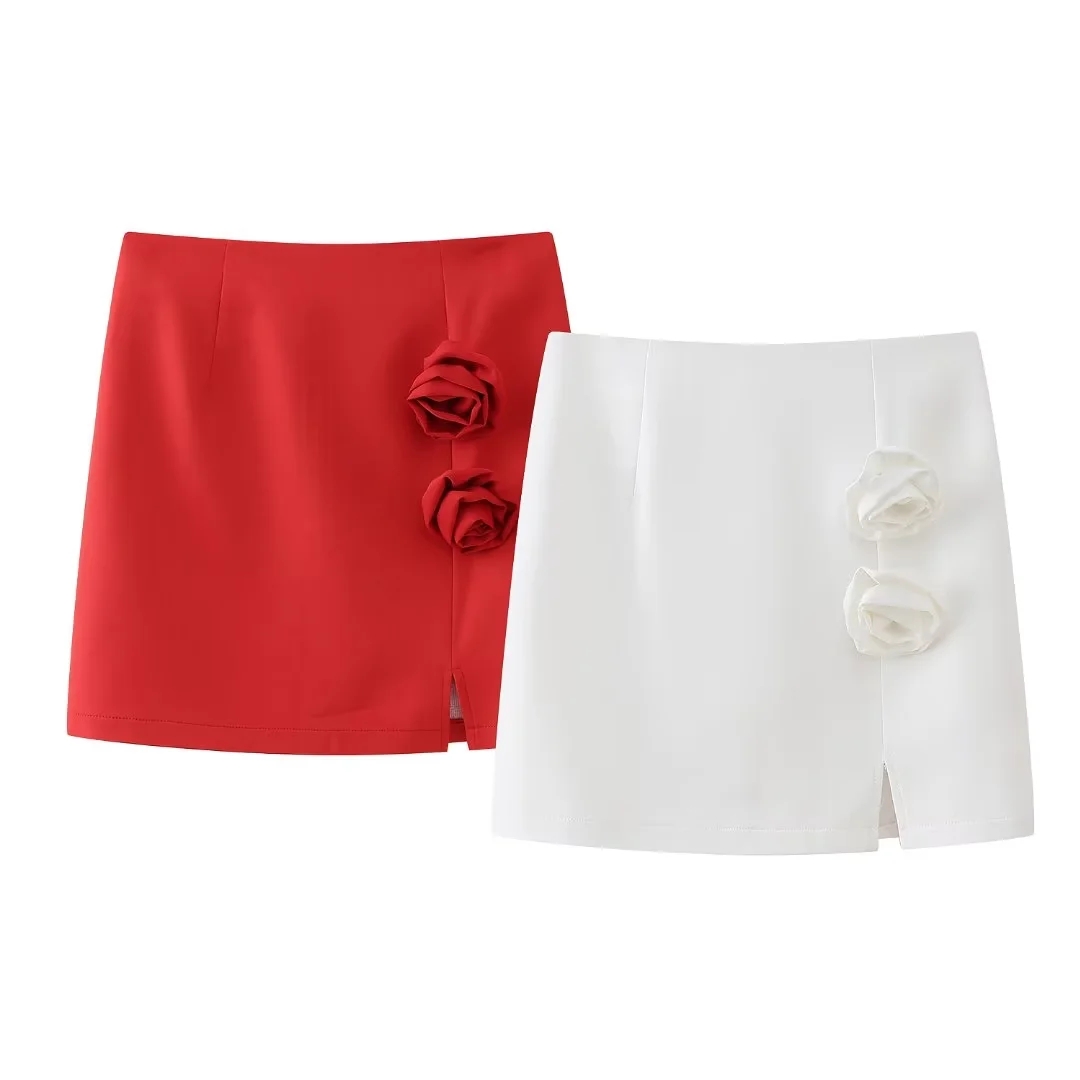 Fashion Red Polyester Floral Slit Skirt,Skirts