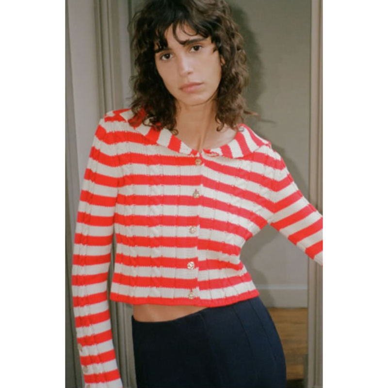 Fashion Orange Striped Knitted Buttoned Sweater,Sweater