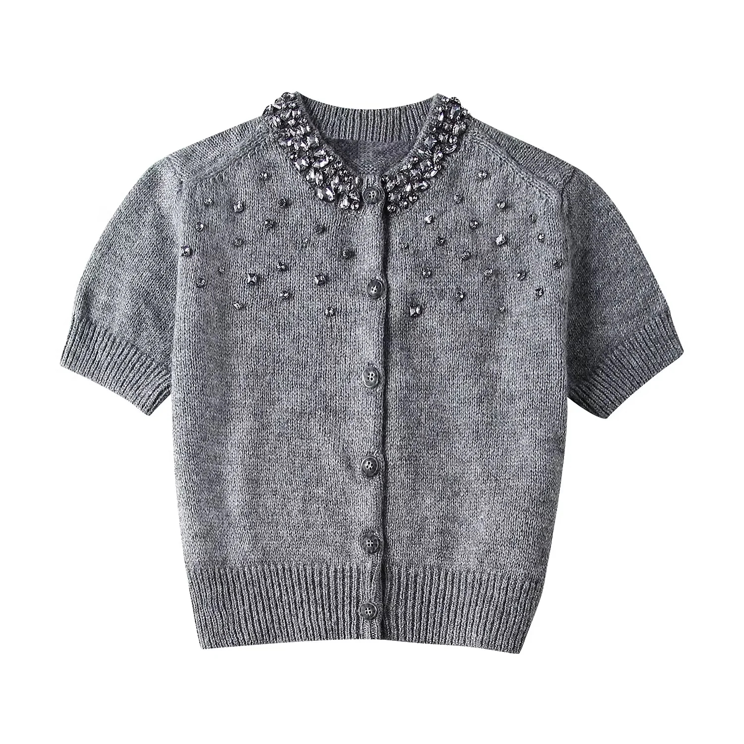 Fashion Grey Jeweled Knitted Buttoned Sweater,Sweater