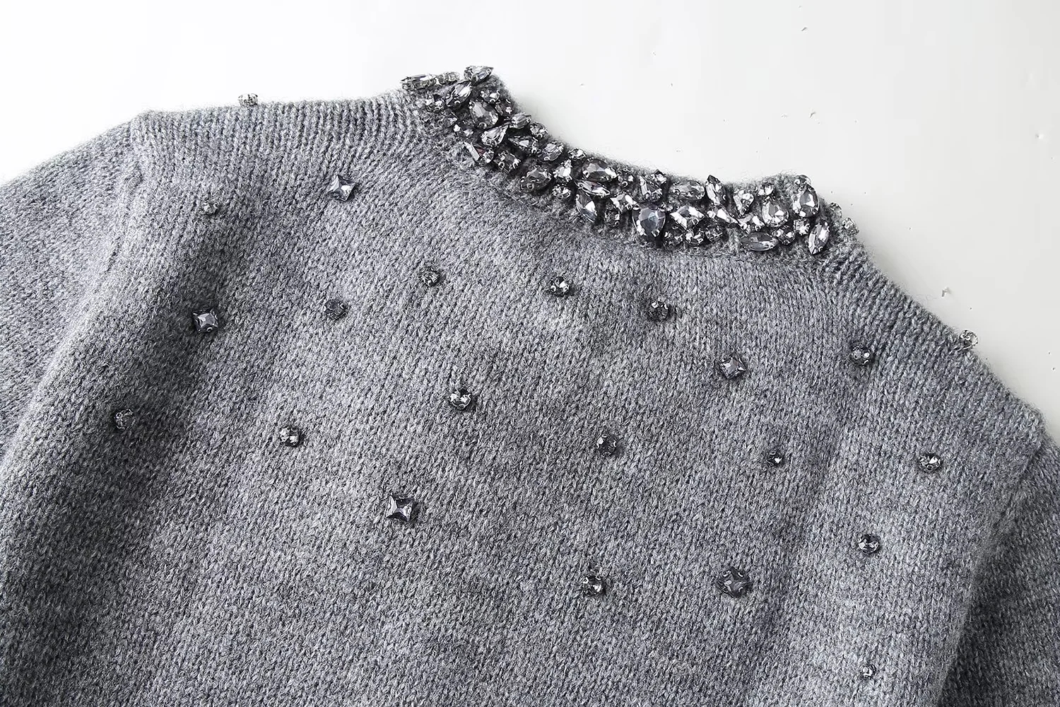 Fashion Grey Jeweled Knitted Buttoned Sweater,Sweater