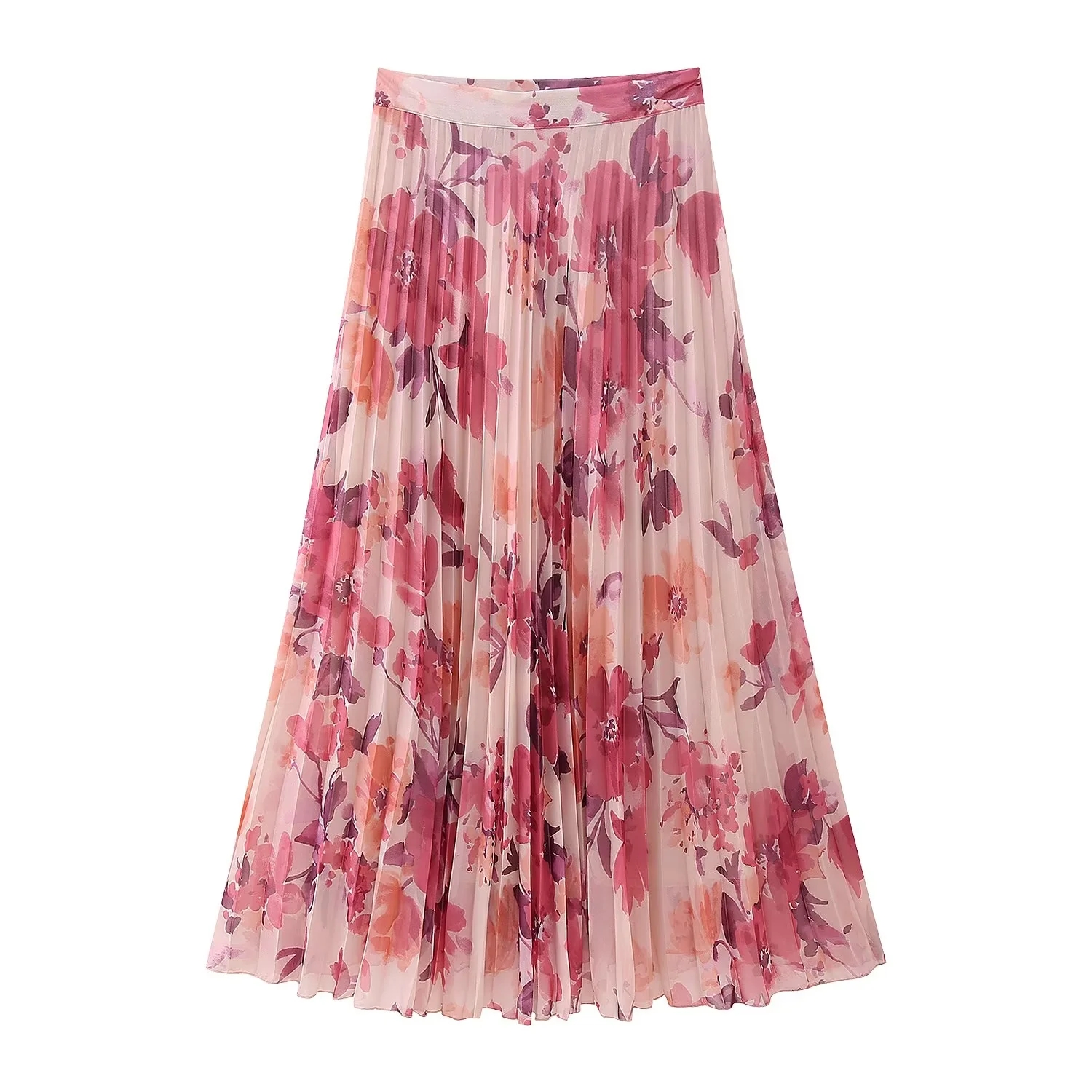 Fashion Purple Red Polyester Printed Pleated Skirt,Skirts