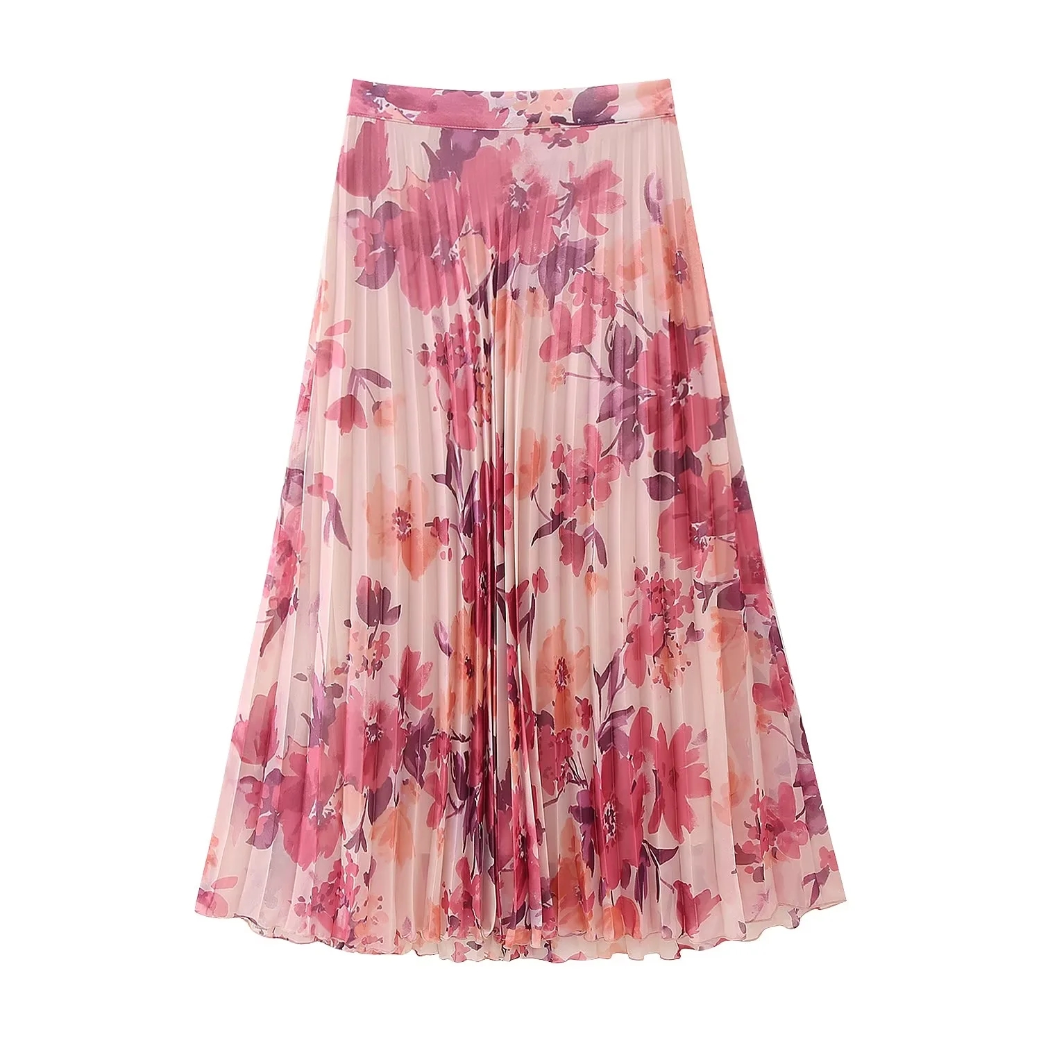 Fashion Purple Red Polyester Printed Pleated Skirt,Skirts