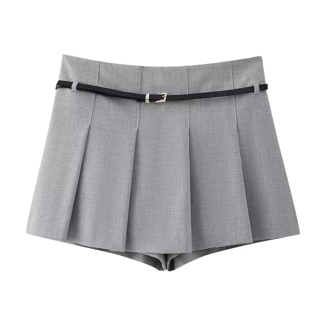 Fashion Light Grey Polyester Belted Wide Pleated Culottes,Shorts