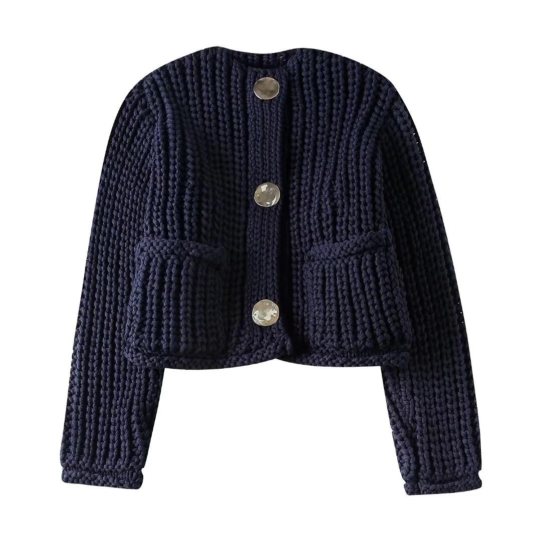 Fashion Navy Blue Thick-breasted Knitted Jacket,Coat-Jacket