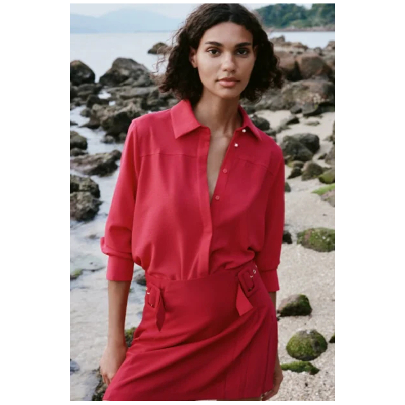 Fashion Rose Red Polyester Lapel Shirt,Blouses