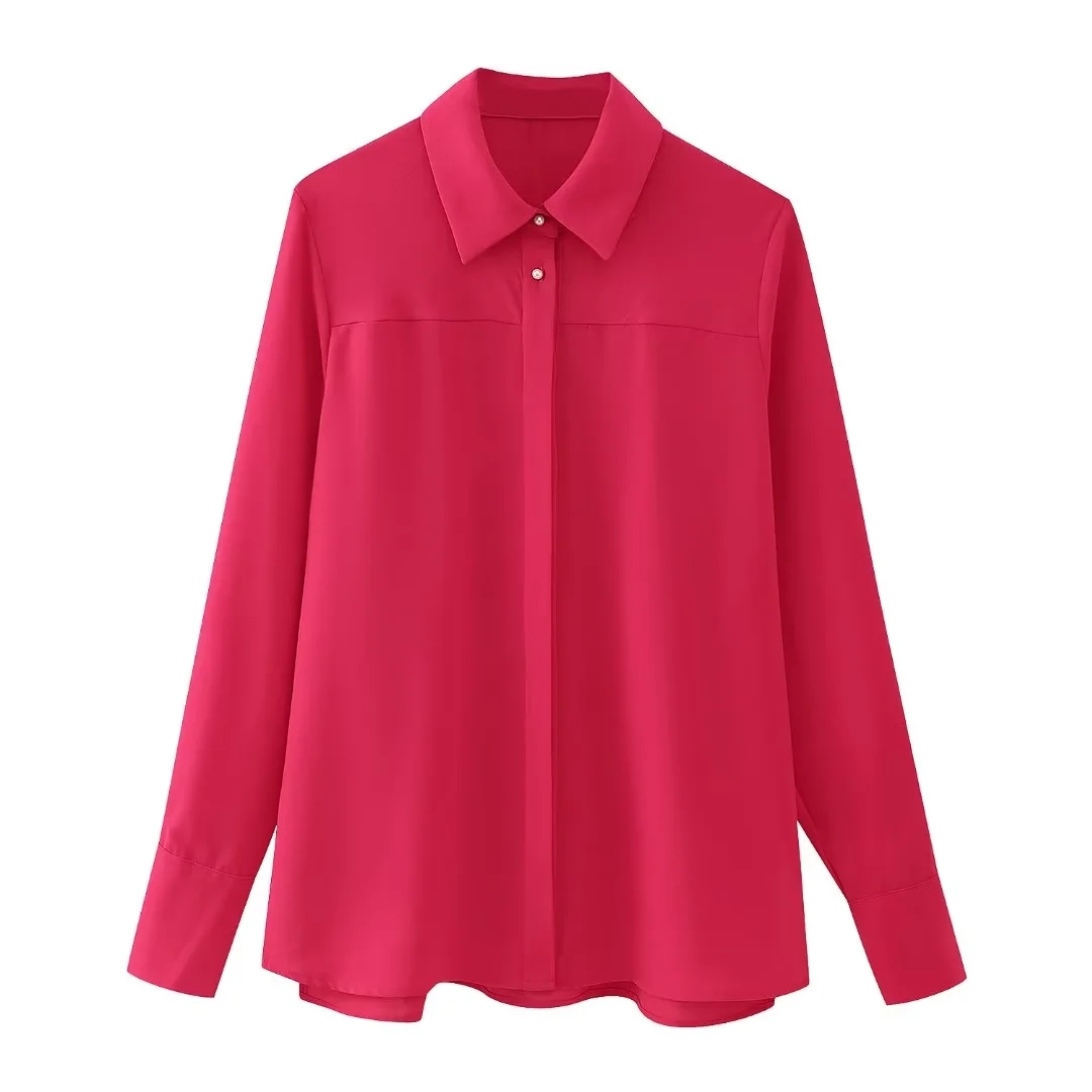 Fashion Rose Red Polyester Lapel Shirt,Blouses