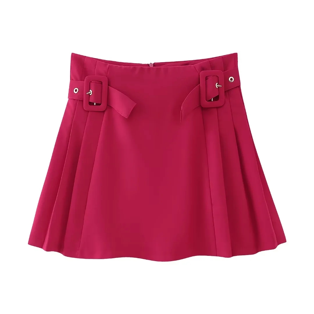 Fashion Rose Red Polyester Belted Pleated Skirt,Skirts