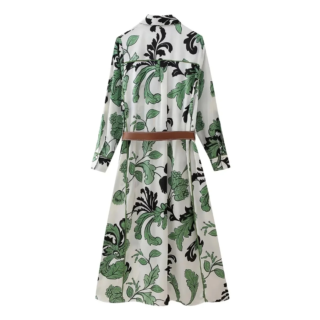 Fashion Green Polyester Belted Printed Lapel Skirt,Skirts