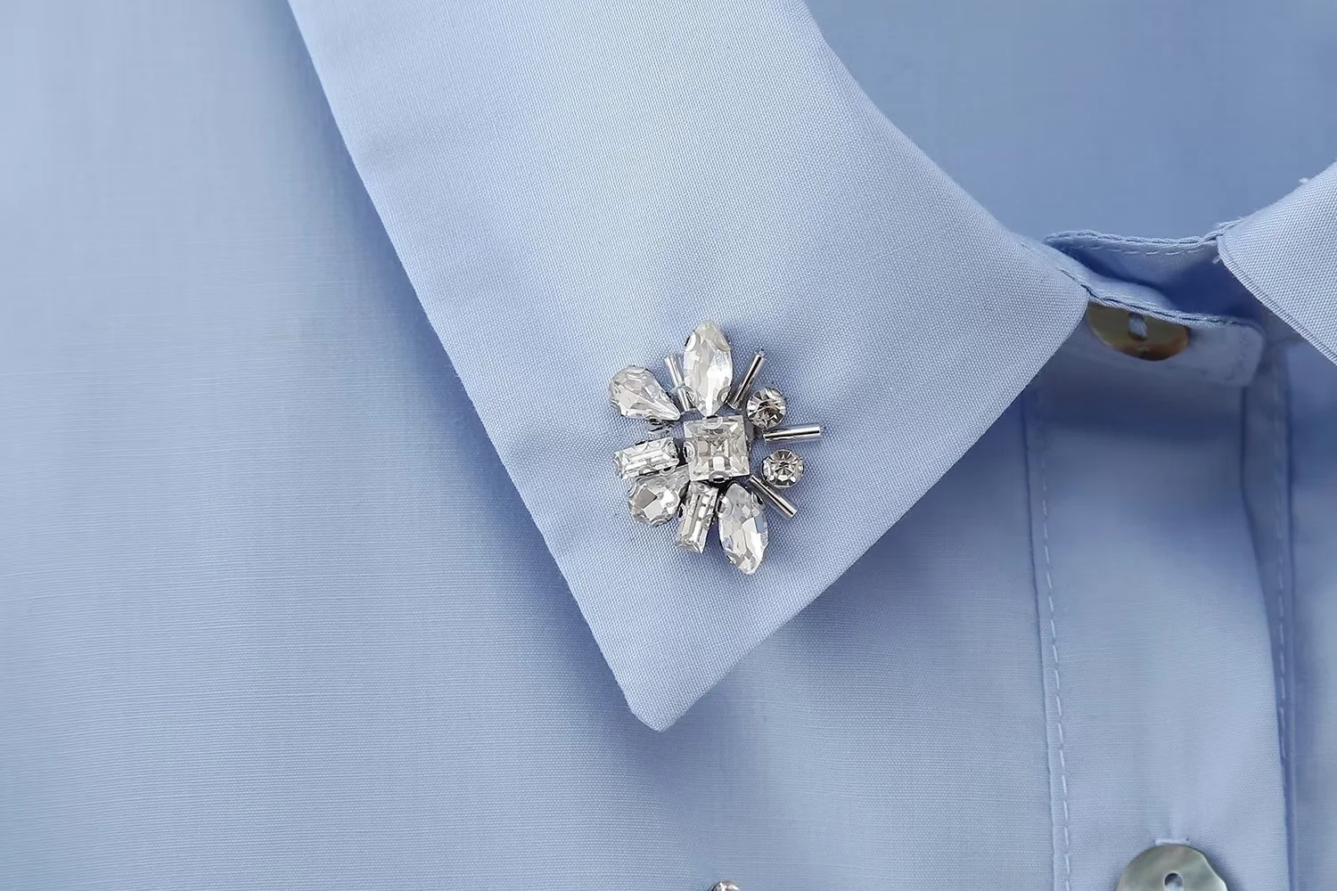 Fashion Light Blue Polyester Jeweled Lapel Shirt,Blouses