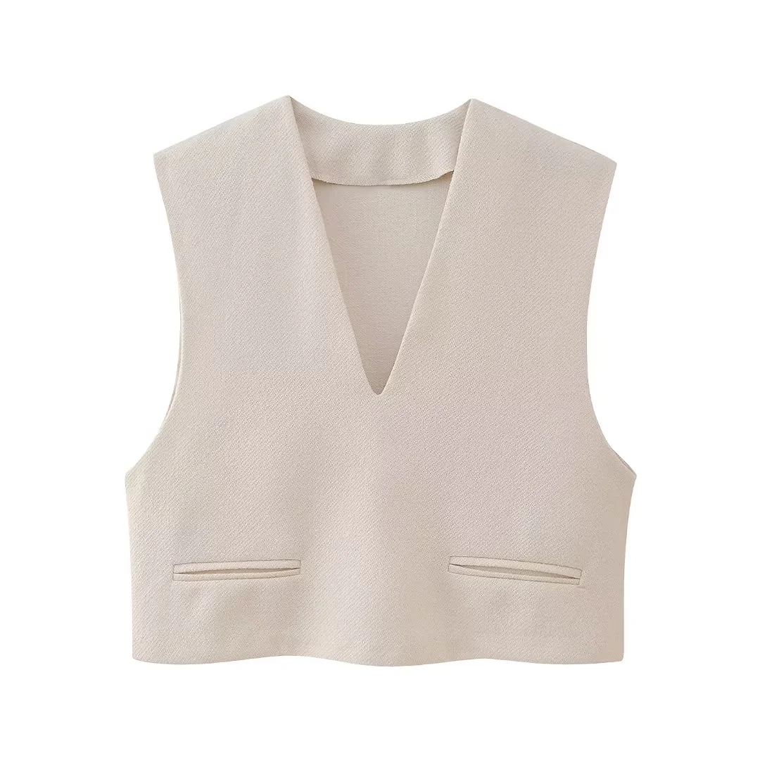 Fashion Apricot Polyester V-neck Vest,Coat-Jacket