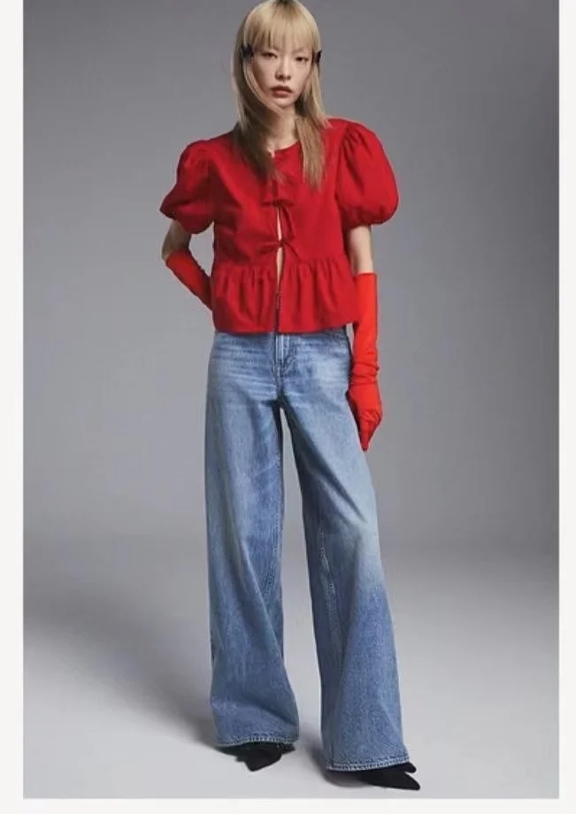 Fashion Red Polyester Lace-up Puff Sleeve Top,T-shirts
