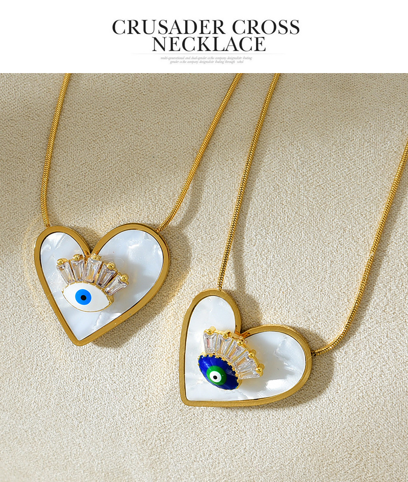 Fashion White Titanium Steel Inlaid With Zirconium Oil Dripping Eye Shell Love Necklace,Necklaces