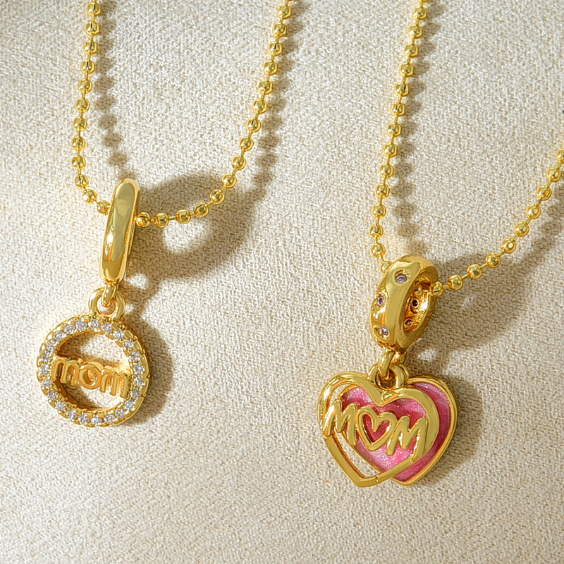 Fashion Gold Copper Set Zirconia Round Letter Mom Pendant Bead Necklace,Necklaces