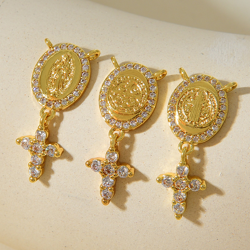 Fashion Golden 2 Copper Inlaid Zircon Oval Portrait Cross Pendant Accessory,Jewelry Findings & Components