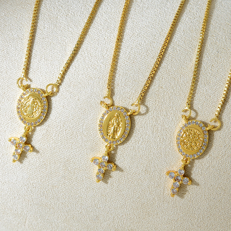 Fashion Golden 2 Copper Set Zirconia Oval Figure Cross Pendant Necklace,Necklaces